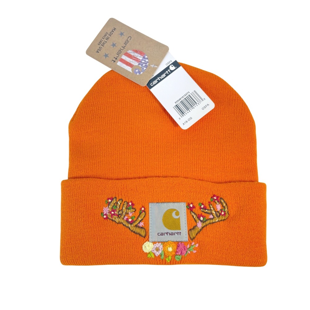 NWT Carhartt Beanie Hand Embroidered Hunter Orange Deer Antlers Flowers